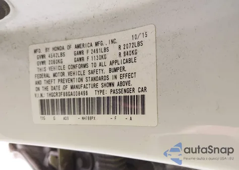 2016 Honda Accord Ex-L V-6 z USA, uszkodzony, nr VIN 1HGCR3F86GA008496